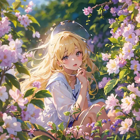 ((Best Quality, 8K, Masterpiece:1.3)), 1girl, lovely angel, flaxen hair, cherry-lipped beauty, sit on the flowering alfalfa, Singing With the lark, in the early morning , in the clear summer sun, (depth of field:1.3)