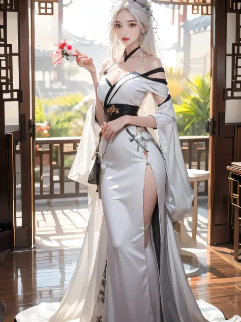 realistically, A high resolution, 1人の女性, perfect body figure, The figure is a little fat，pretty eyes, Long gray hair, eye socket, jewely, Hanfu, a beautiful woman in china, white off shoulder dress clothes,Stand up and show your legs,Legs are very thin and...