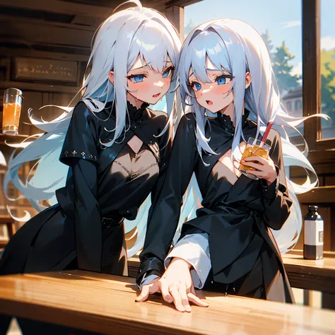 女の子1人, Silbernes Haar, Lange Haare, blaue Augen, mittlerer Brustumfang, Schwarze Kleidung, Taverne, trinken, liegt auf einem Tisch, Geschlechtsverkehr, nass, lewd