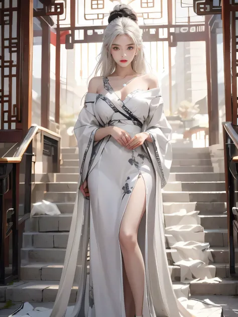 Top image quality、Original photography、超A high resolution、realistically, A high resolution, 1 Beautiful woman, perfect body figure, The figure is a little fat，pretty eyes, Long gray hair, eye socket, jewely, Hanfu, a beautiful woman in china, white off sho...