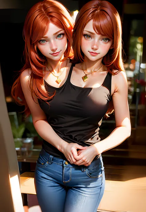 (masterpiece, best quality), best resolution, (2heads:1.5), slim adult body, (light smile), (long red hair), (yellow brown eyes)...