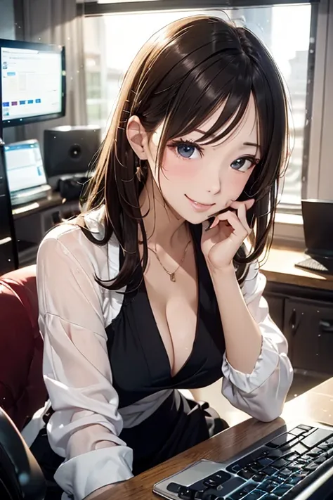 (8K), (Best Quality), (masutepiece: 1.2)　　sexy woman operating a computer、Happy look、smil、s Office