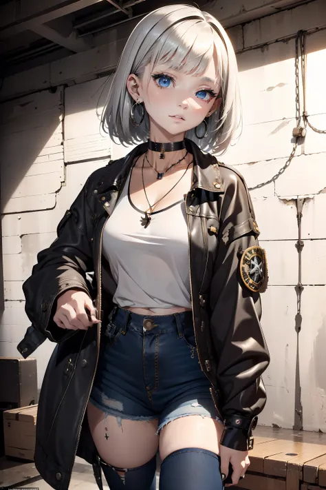 (masterpiece:1.2, best quality), (1lady, solo, upper body:1.2), Hair: buzz cut, Clothing: oversized, distressed denim jacket with patches and pins, paired with black skinny jeans and combat boots, Accessories: silver hoop earrings and a black choker neckla...