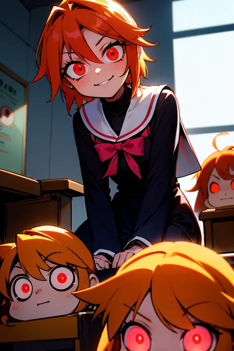 ,ginger hair, 'i am nagisa', possessed nagisa, glowing red eyes, horror setting, pervert, smile, sitting in class, evil aura, no...