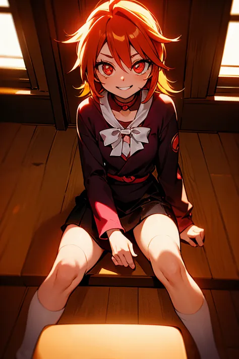 ,ginger hair, 'i am nagisa', possessed nagisa, glowing red eyes, horror setting, pervert, smile, sitting in class, evil aura, no...