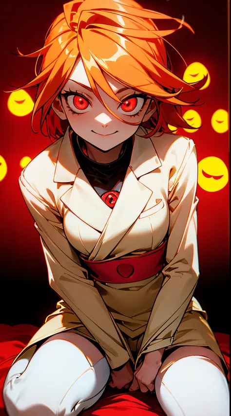 ,ginger hair, 'i am nagisa', possessed nagisa, glowing red eyes, horror setting, pervert, smile, sitting in class, evil aura, no...