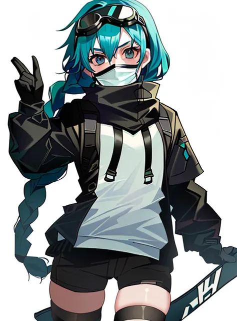 A girl with pale skin, black eyes, ski goggles and a bandanna mask on with teal hair and two braids