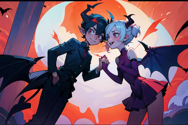 Little Devil Boy and Devil Girl Holding Hand, Bat Wings , Devil Horns, Devil Tail --auto