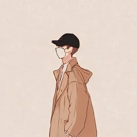 one in a trench coat、man in glasses standing in front of the wall, dress up as a fisherman 🧥, , style of anime,, lopfe art style...