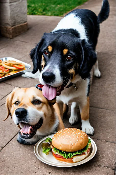 dog eating hamburger