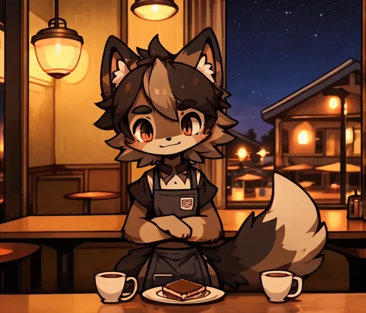 anthro, male, australian shepherd, wearing baggy pants and black t-shirt+, cafe hotel, window view, serving coffee, green and re...