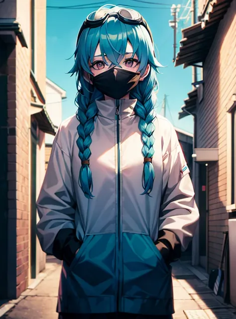 A girl with pale skin, with ski goggles over their eyes and a bandanna mask on the face with teal hair and two braids with a background of an alleyway