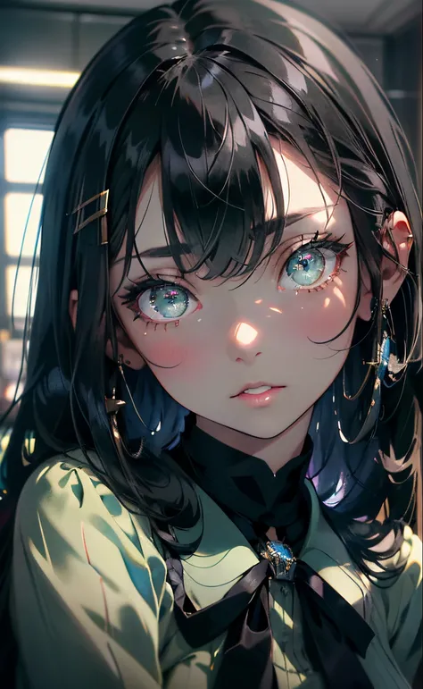 Mature girl , green eyes, black hair (seperated blue straight bangs), medium length hair,  delicate and smart eyes, intricate school uniform, gorgeous accessories, wearing peircings, fov, masterpiece, wolfcut, cute, (heavily ultra detailed)