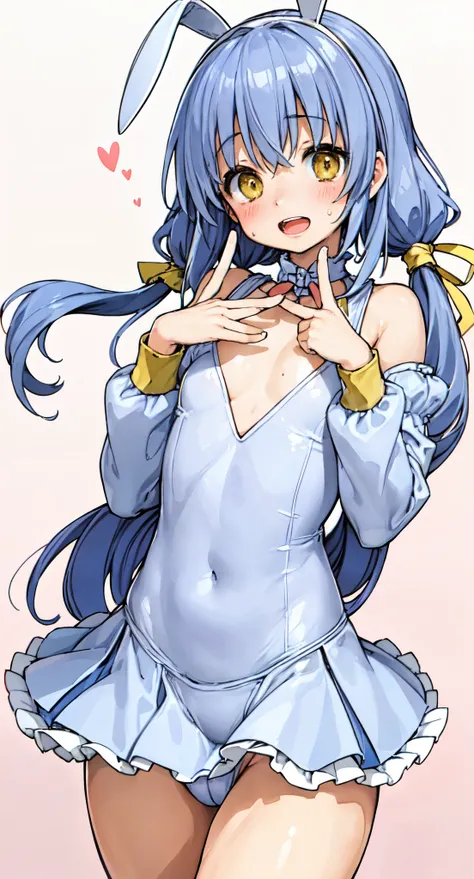 (Perfect body),Best Quality,(8K Portrait),(Official art)、((NSFW))、(((Lori)))、((Short stature))、((:D))、1girl in,(blush),(Sweat),(((flat chest)))、(thick thighs)、(big butts)、((Blue hair))、(Long hair)、(((Twin-tailed)))、Yellow Ribbon、((White and light blue leot...