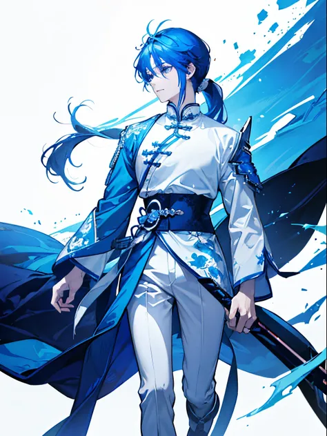 Male teenager、Blue-haired、long pony tail、White china clothes、White pants、Holds a dark blue sword、jumpping、Bright and bullish look、blue dragon in the background