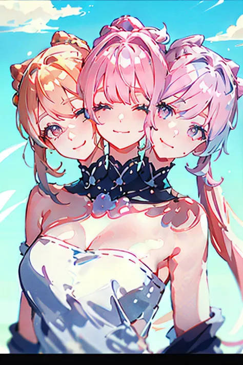 3heads, best quality, masterpiece 3 girls, kiana kaslana, white hair, identical hair color, same eye color, necks side by side, ...