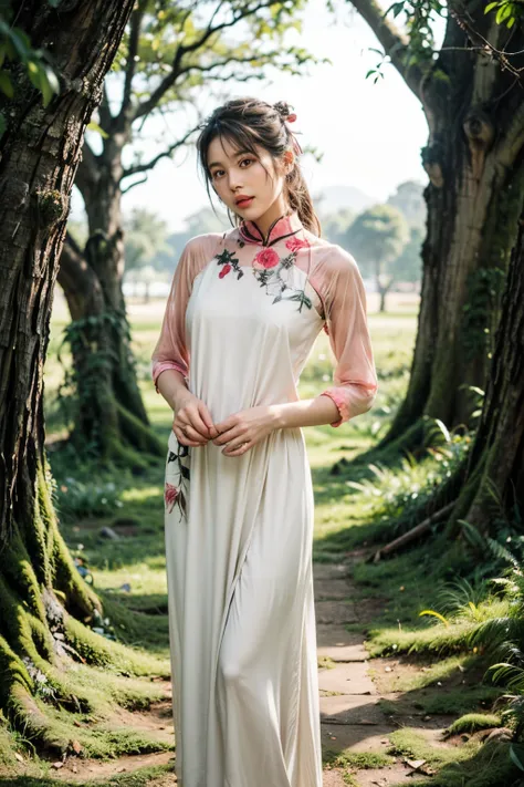 asian girl:1.2, she stands on the ground, where there are many withered trees, dry and cracked soil, beautiful girl, ((beautiful...