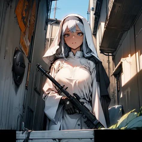 A group of 5 nuns, walking holding a rifle in her hands, she looks mad; view from below; high definition, unreal engine