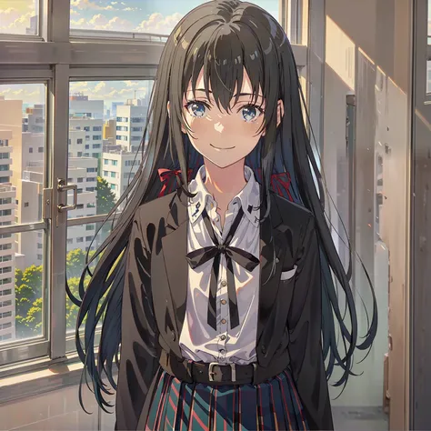 Yukinoshita yukino , 1girl in, red ribbon , smile , black hair, Checkered sash, long hair Hair, Hair Ribbon, school uniform , skirt plaied , Long hair, Looking at Viewer, black hair, , blue eyes, black jacket , hair between eyes ,, Solo, Upper body, ((masu...