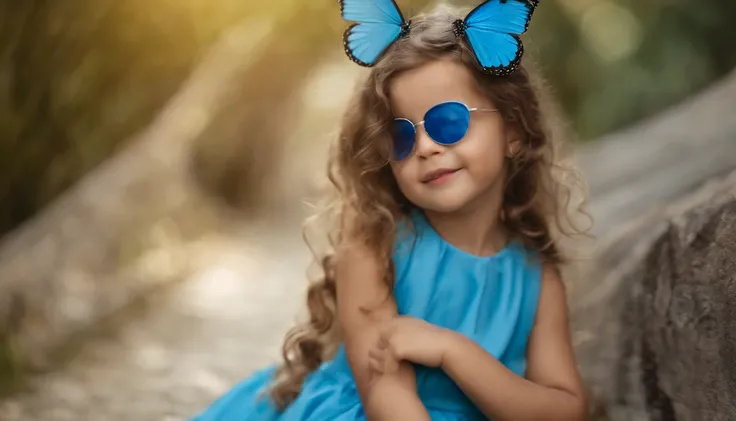 there&#39;s a girl with a butterfly on her head, wearing blue sunglasses, vestindo uma baga azul, cor azul, children playing with pogs, blue sunglasses, olhos azuis turquesa penetrantes, hand on cheek, foto comercial do brinquedo, lindo bonito, joias azuis...