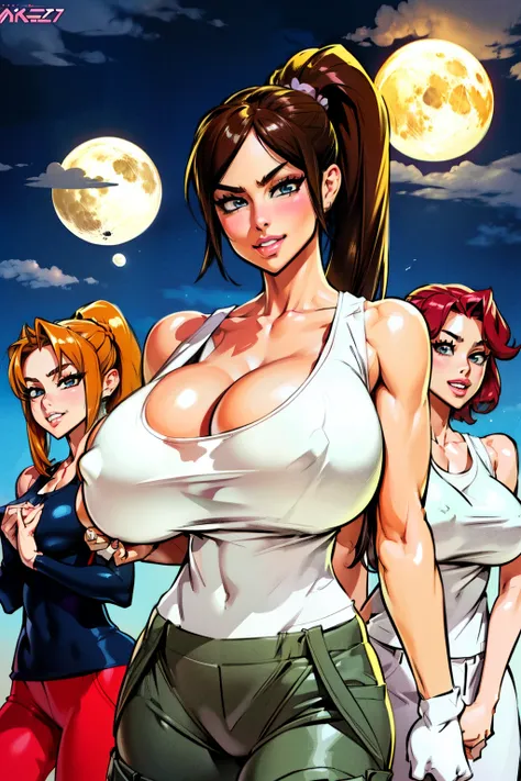 ((waifu goddess)), multiple Waifu, mothers gathered , smiling, milfs, masterpiece, curvy, breasts, moon, full moon, gloves, multiple girl, clenched teeth, cleavage, large breasts, teeth, maroon hair, brown hair, grey hair, ((white tank top:1.6)), blue eyes...