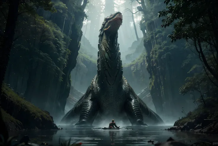 ((best quality)), ((masterpiece)), (detailed),(8k raw photo), full view, wide angle shot, A closeup of a giant 3 head hydra in a swampy area, Jormungandr, Symmetrical Epic Fantasy Art, jörmungandr, Stefan Koidl inspirado, Beeple e Jean Giraud, Noah Bradley...