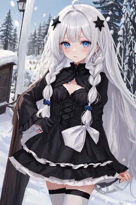 in winter, snow, in a meadow, comic, loli, white hair, long hair, ahoge, twin_braids, hair censor, star hair ornament, jitome, blue eyes, narrowed eyes, small breasts, breasts, gothic_lolita, black kneehighs, mary_janes, hair_pull,