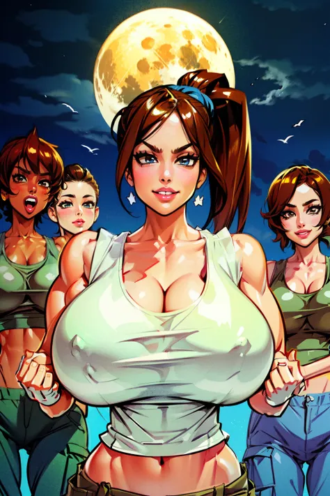 multiple Waifu, mothers gathered , smiling, milfs, masterpiece, curvy, breasts, moon, full moon, gloves, multiple girl, clenched teeth, cleavage, large breasts, teeth, maroon hair, brown hair, grey hair, ((white tank top:1.6)), blue eyes, rating:explicit,r...