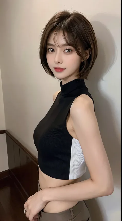 (Best quality at best, 8K, tmasterpiece: 1.3)), 1 girl, Slim Abs Beauty: 1.3, (Brown Hair Short Hairstyles, bigger: 1.2), Black slim fit pencil pants: 1.1, Super slim face, Elaborate Eyes, 二重まぶた, ssmile, Duan, RAW photogr