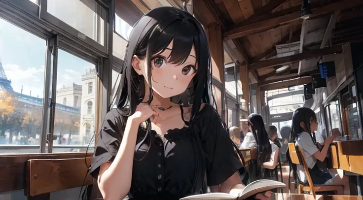 ((best quality)), ((masterpiece)), (detailed), perfect face. A beautiful young woman with long black hair and black eyes siting in a cafeteria and reading a book near Eiffel Tower. long dress