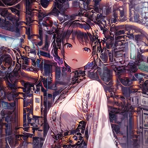 //style imagine a scene that combines the elegance of taisho romance with the intricate mechanics of steampunk aesthetics, break...