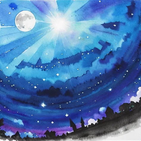 blue crystals floating in the sky,nigh sky,magic circles,posterior view,Black cat,watercolor paiting.