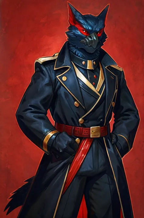 a nargacuga as a german official posing for a portrait, black-red uniform, red fingerless leather gloves, clawed fingers, 1900s ...