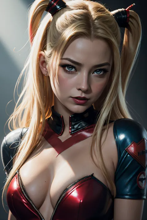 Emily VanCamp, Harley Quinn sexy clothes, be on the cover of playboy, character portrait, 4 9 9 0 s, long hair, intricate, elegant, highly detailed, digital painting, artstation, concept art, smooth, sharp focus, illustration, art by wlop, charlie bowater ...