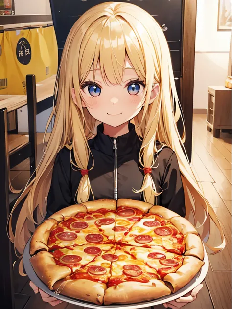 Girl holding a large pizza with both hands and laughing、a blond、Twin-tailed、10yaers old、Chiquita、cheeky face