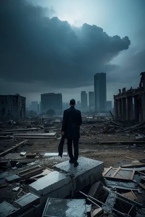 A man in black, Standing on a pile of building ruins, Arms spread wide, Desolate all around, in distance, Social realism