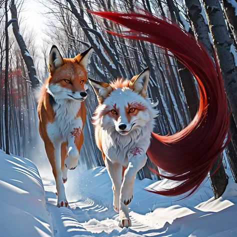 Fox、Nine Tails、the tip of the tail is red、the tips of the ears are red、fluffy fur、Delicate hair、red eyes、Dynamism、Running through the forest、tattoo-like pattern、quadrupedal walking、Tiere、Not a person