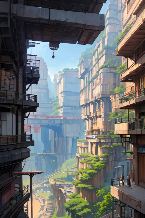 ((masutepiece)),((Best Quality)),((high detailing)),((Realistic,)) Cities in the future, deep canyon in the middle, architectural streets, bazaars, Futuristic railway lines, Cyberpunk, Buildings