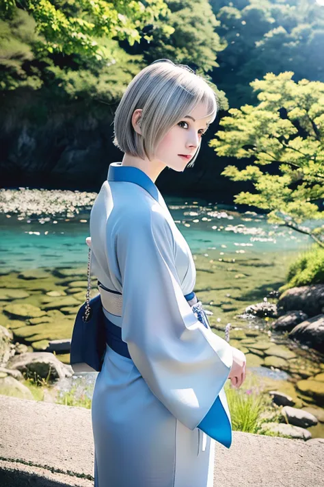 Short hair, Grey Hair, Blue eyes, Kimono, Seiza, pale skin, Outdoors, landscape, From below, --niji 5 --style expressive --ar 1:1 - S 1000