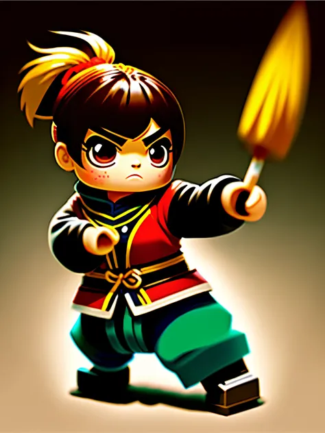 Central asian girl with short brown hair with blonde streaks fighting kung fu panda while shes wearing a Kai Smith lego ninjago costume