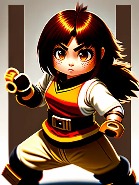 Central asian girl with short brown hair with blonde streaks fighting kung fu panda while shes wearing a Kai Smith lego ninjago costume