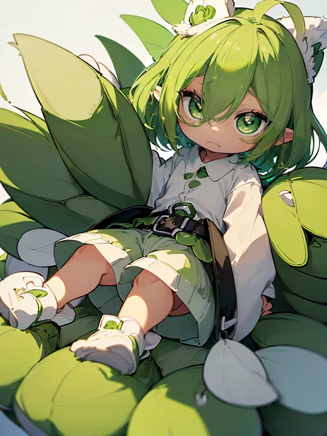 (Zundamon:1.2), (green and white fairy shape:1.4), ((round head, Big eyes, small mouth):1.5), ((Edamame ears, fluffy tail):1.2), (white shirt with green collar:1.3), (green shorts with white belt:1.3), ((White socks, Green shoes):1.2)