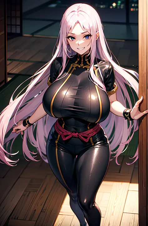 (Long pink hair:1.1), Japanese, (gigantic chest:1.2), tight clothing, (black leggings:1.2), big thighs, sadistic grin, half body, big eyes, (ninja:1.1)