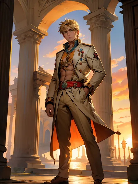 (constantine the great:1.2),lion-like eyes,strong and piercing eyes,(bright,colorful,radiant) eyes,gazing at the vast sea,grand palace overlooking the ocean,rising sun in the background,full-body portrait,composed and masculine.