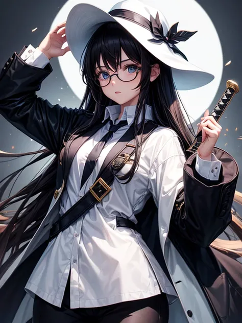 Girl, long hair, wearing a mask, wearing a hat and glasses, white shirt, black jacket, holding a sword