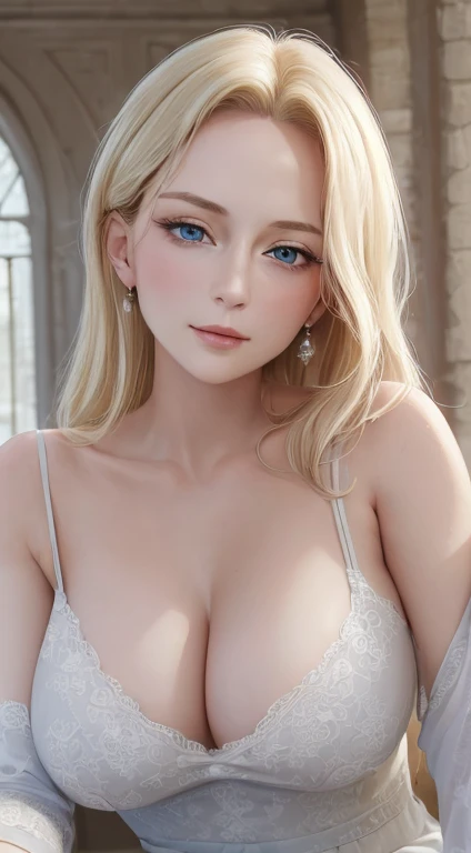 ((top quality, 8k, masterpiece: 1.3)), portrait of elegant mature woman, highres, 1girl, beautiful long hair, light blonde hair, light blue eyes, detailed eyes, loose white dress, wide shoulder, inside castle, big breast, cleavage, elegant posture, loving ...