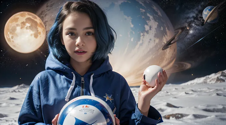 there is a young girl holding a blue ball in her hand, vestindo uma jaqueta azul, vestindo uma jaqueta azul, segurando uma bola, foto comercial do brinquedo, vestidos de estrelas e planetas, menina com cabelo azul, Jaqueta azul, usando um capuz azul, girl ...