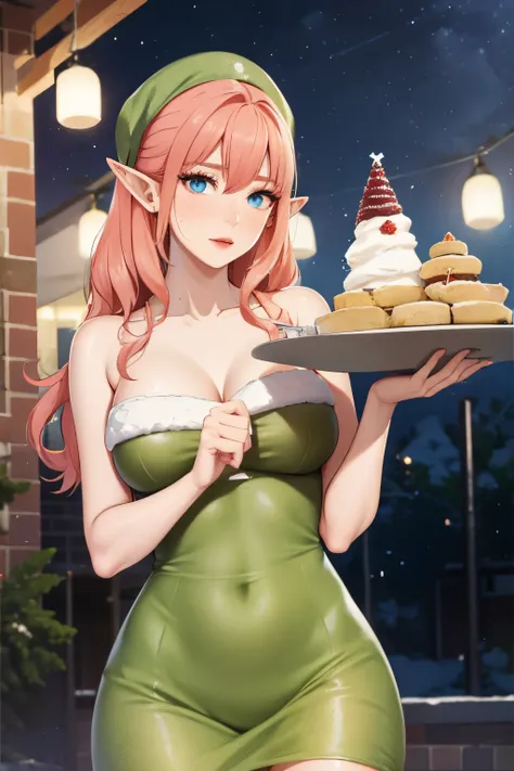 beautiful elf woman, Holly Sprinkletoes, detailed eyes and face, long eyelashes, pink cheeks, pointy ears, curly golden hair, graceful posture, wearing a festive green dress, holding a tray of burnt cookies, surrounded by flour and baking tools, in the liv...