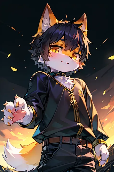 Eyes are bright,Character busts,Q version of character focus，独奏, Full of furry hair,Stupid and cute male cat,There are claw pads，Men&#39;s Black Gold Fur，White is the main color, Golden eyes, Loli wind，Little cute， Will sell moe，Wear black and gold clothes...