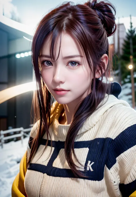 8K, of the highest quality, masutepiece:1.2), (Realistic, Photorealsitic:1.37), of the highest quality, masutepiece, Beautiful young woman, Pensive expression,、A charming、and an inviting look, skiing、snowboarder、Ski Wear, Hair tied back, Cinematic backgrou...